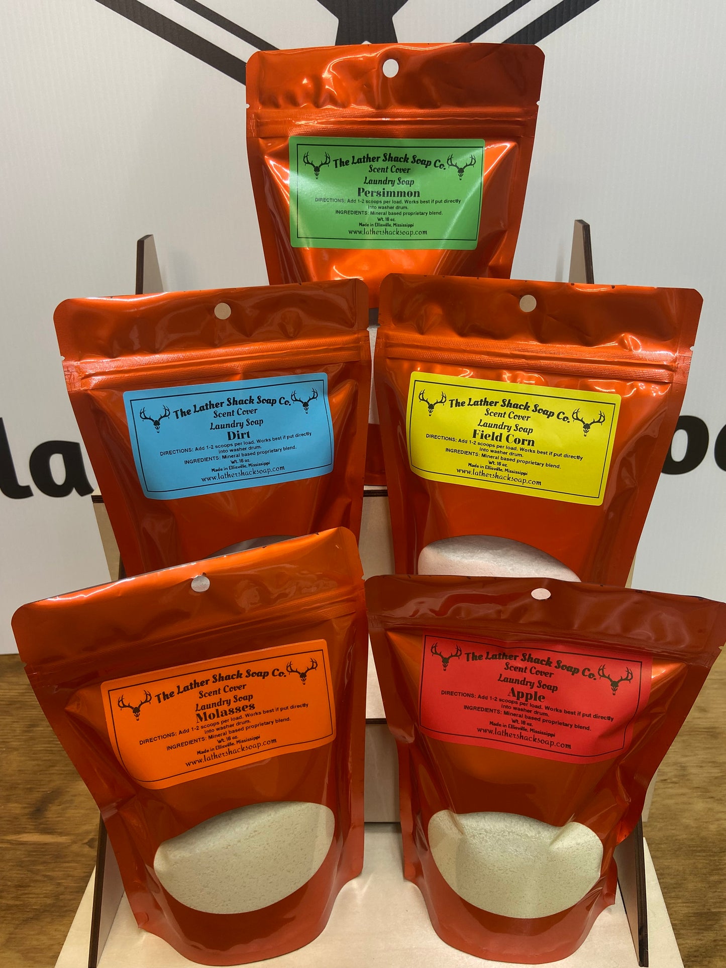 🦌 Deer Hunters Bundle – Scent Cover Laundry Soap (5-Pack) BUY 3 at regular price GET 2 FREE. Apple, Persimmon, Dirt, Field Corn and Molasses.