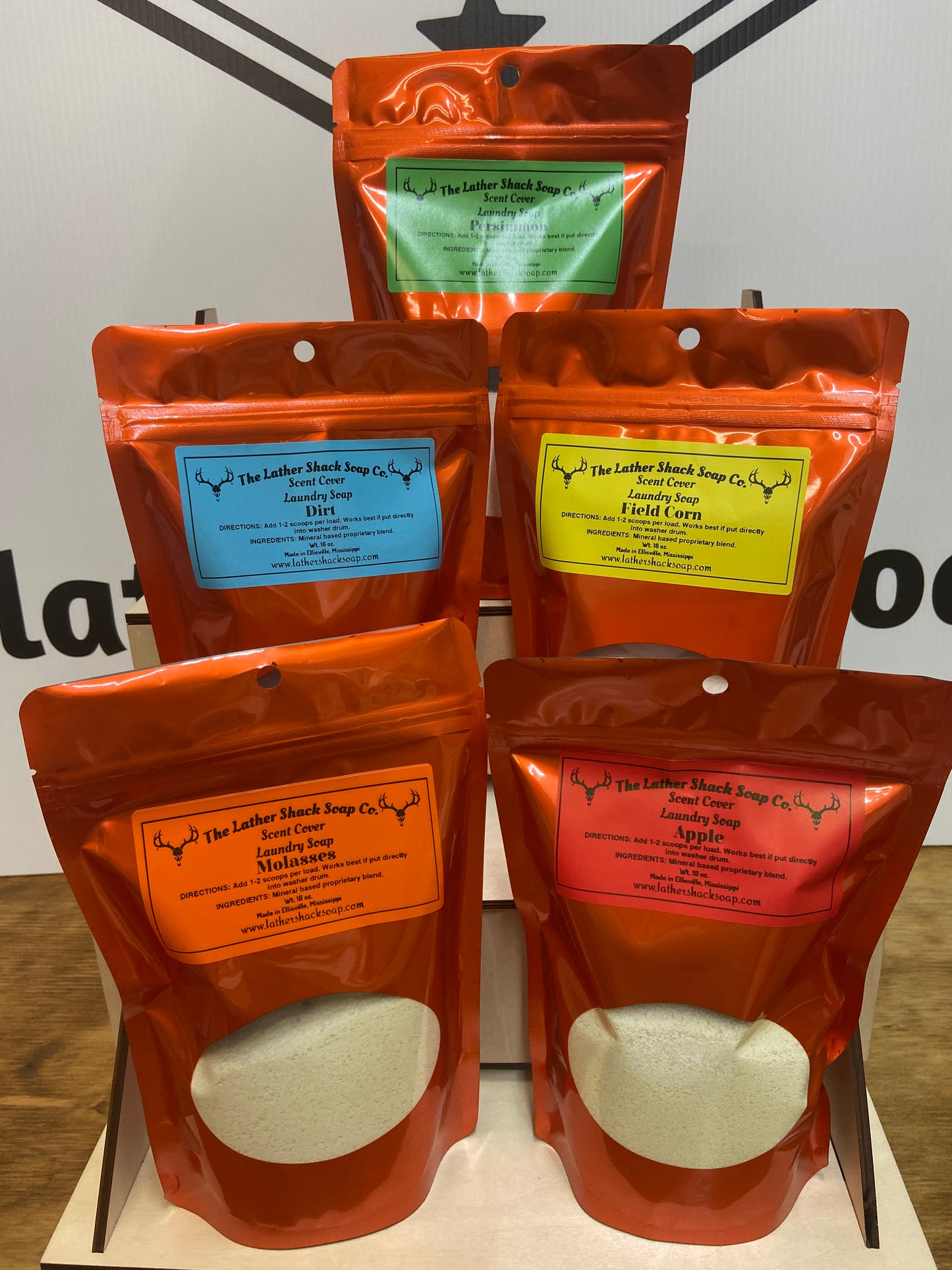 🦌 Deer Hunters Bundle – Scent Cover Laundry Soap (5-Pack) BUY 3 at regular price GET 2 FREE. Apple, Persimmon, Dirt, Field Corn and Molasses.